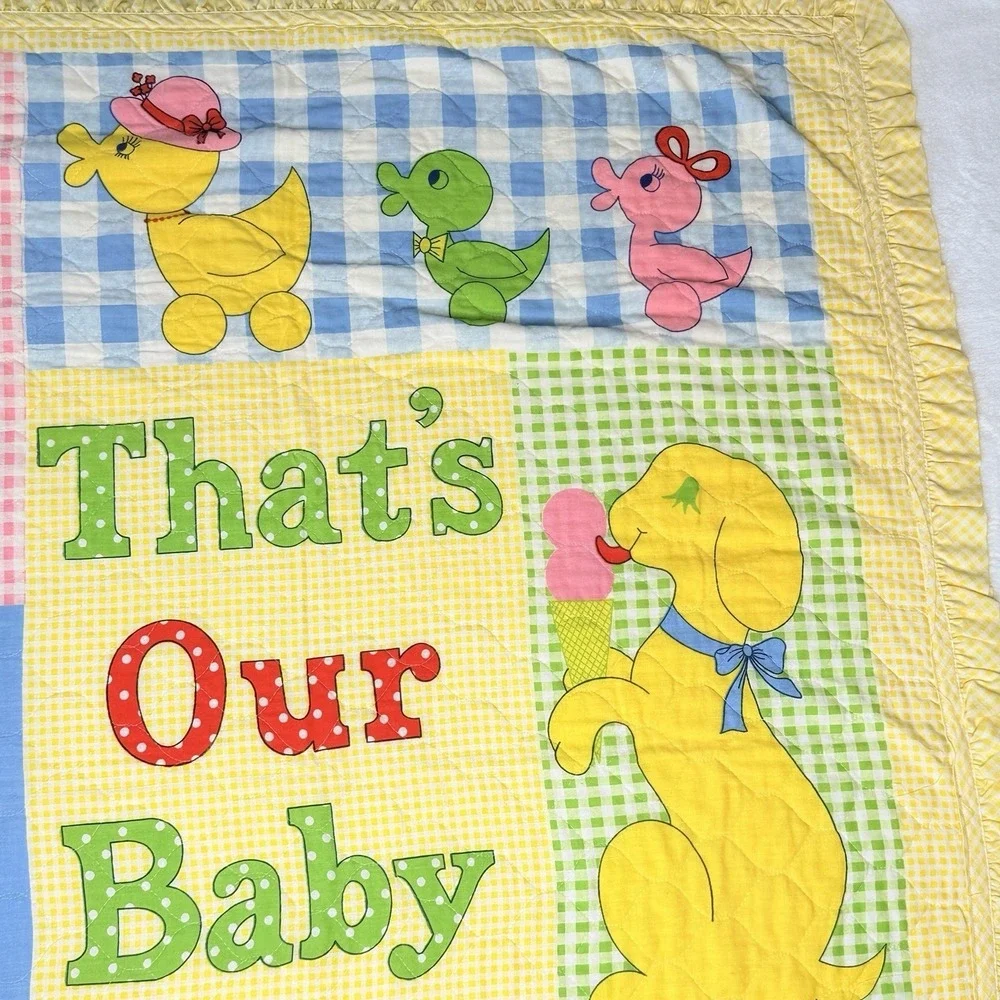 VTG That's Our Baby Crib Quilt Blanket Teddy Bear Bunny Duck Ruffle Trim Nursery